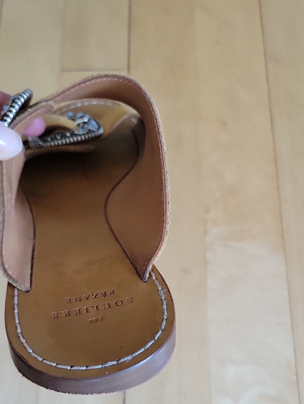 Sezane Jade Low Mules Tan Suede Slide Sandals with Silver Turquoise Buckles - 37 - Picture 12 of 13